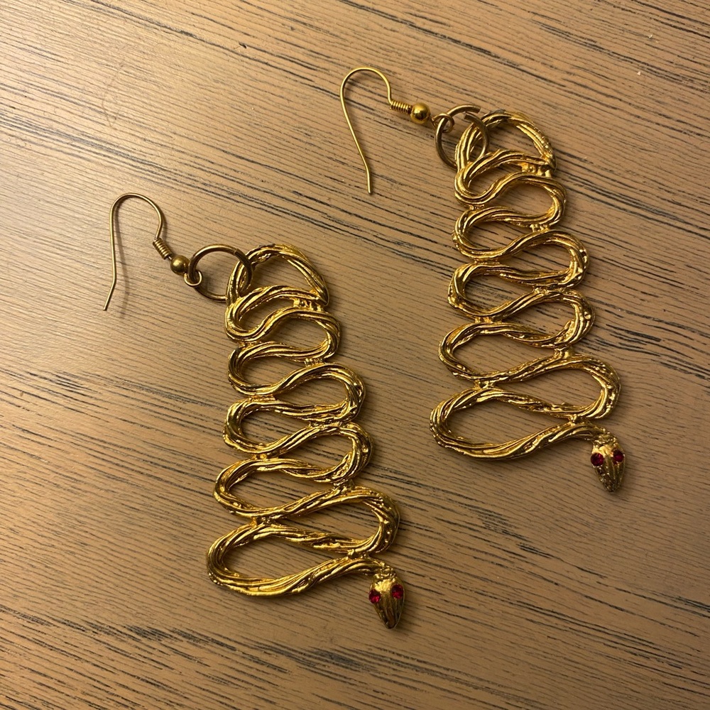 2-inch drop Gold Snake Earrings with Red Gem Eyes